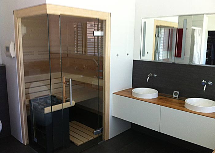 Müther Blockbohlensauna Badezimmer